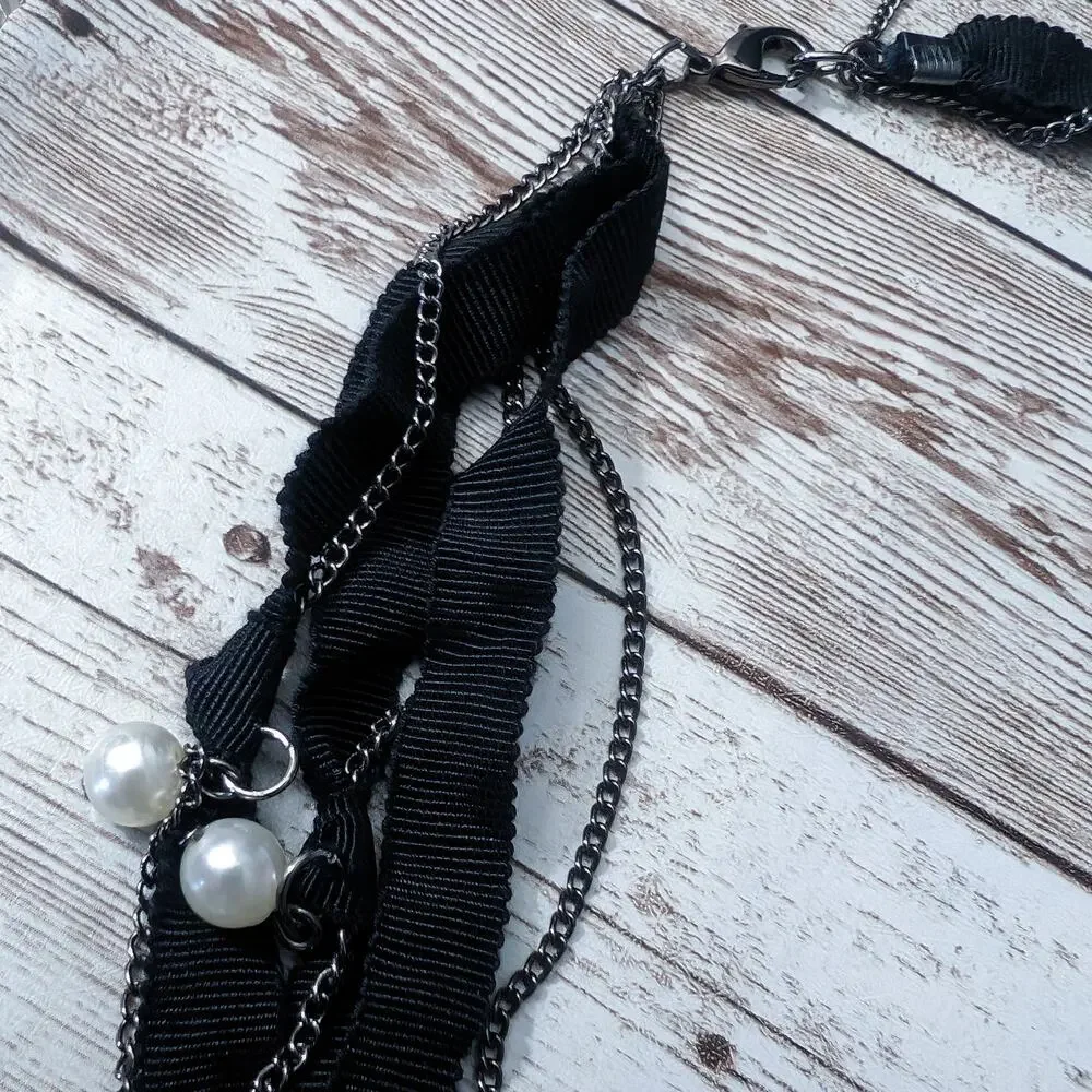 Vintage Statement Necklace Chain & Ribbon Black, Dark Metal, Faux Pearl Layered
